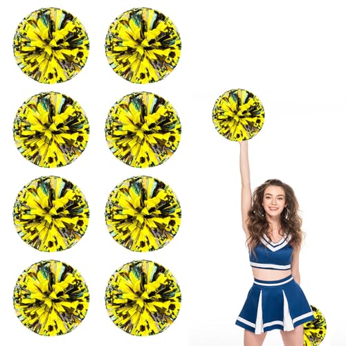 8 Stück Cheerleading Pompoms mit Fingerlöchern, Metallic-Folien Cheerleader-Pompoms für Tanz, Wettkämpfe und Teamgeist (Schwarz Gelb) von YAANTYYB