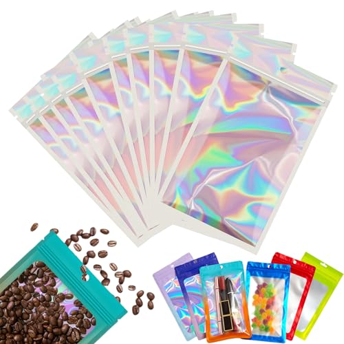 100 Stück Zip-Beutel Klein Mylar Bags Silber Holografische 7x10cm, Wiederverschließbare Geruchsdichte Baggys Ziplock-Polybeutel für Schmuck, Lebensmittel, Kleine Unternehmen von YAAVAAW