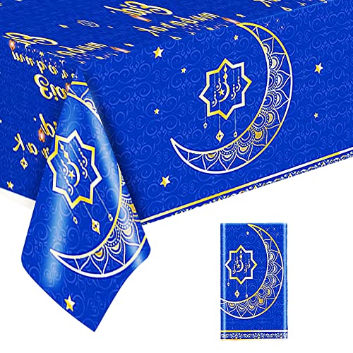 137x274 cm, blaue Eid-Tischdecke, große Eid-Ramadan-Mubarak-Dekorationen, Tischdecken, Mond und Stern, rechteckige Tischdecke, Kunststoff, für Zuhause, Eid Mubarak, Islam, Abendessen, Tischdekoration von YAAVAAW