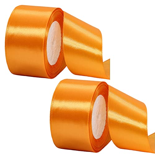 2 Rollen dickes orangefarbenes Band 50 mm zum Verpacken von Geschenken, 22 m, doppelseitig, 50 mm breit, orangefarbenes Satinband zum Basteln von Kuchenband, Haarschleifenband, Blumensträußen, von YAAVAAW