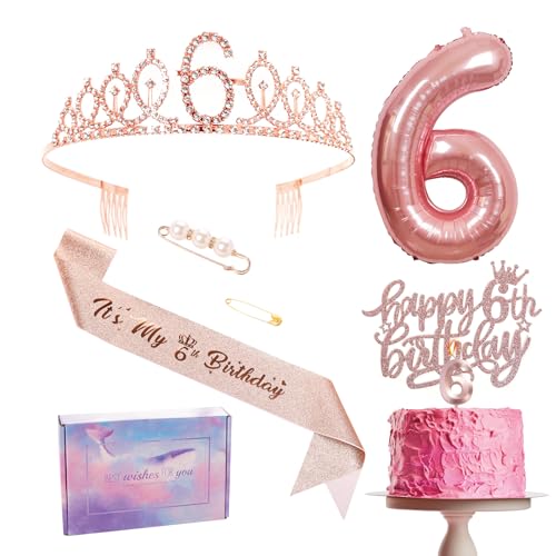 Dekorationen zum 6. Geburtstag von Mädchen in Roségold. Geburtstags-Kopfschmuck-Set. Bandkrone für die 6. Geburtstagsparty. Kuchendekoration zum 6. Geburtstag. Ballonkerzen aus Aluminiumfolie von YAAVAAW