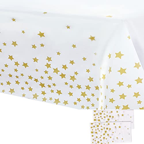 Einweg-Tischdecke, 137x274 cm, Weiß und Gold, Party-Tischdecke, goldfarbene Sterne, Konfetti, rechteckig, Kunststoff-Tischdecken für Picknick, Babyparty, Hochzeit, Weihnachten, Dekoration, 2 Stück von YAAVAAW