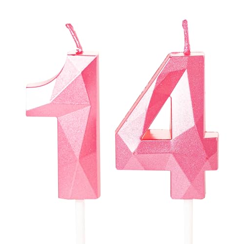 Geburtstagskerzen für Kuchen, Zahlenkerze, Rosa, Happy Birthday Kerzen, Geburtstagskerzen, Tortenaufsatz für Kinder, Jungen, Geburtstag, Hochzeit, Firma, Jahrestag, Kuchendekorationen (Rosa, 14) von YAAVAAW