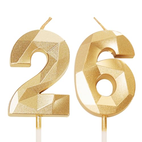 Geburtstagskerzen für Kuchen, Zahlenkerze Gold, Happy Birthday Kerzen, Geburtstagskerzen, Kuchenaufsatz für Kinder, Jungen, Geburtstag, Hochzeit, Firma, Jahrestag, Kuchendekorationen (Gold, 26) von YAAVAAW
