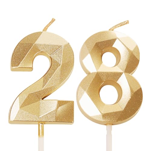 Geburtstagskerzen für Kuchen, Zahlenkerze Gold, Happy Birthday Kerzen, Geburtstagskerzen, Kuchenaufsatz für Kinder, Jungen, Geburtstag, Hochzeit, Firma, Jahrestag, Kuchendekorationen (Gold, 28) von YAAVAAW