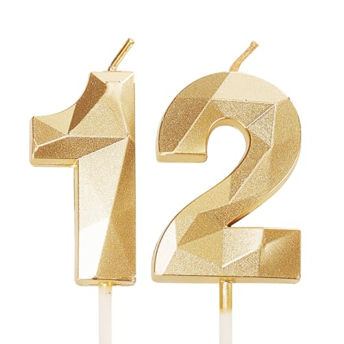 Geburtstagskerzen für Kuchen, Zahlenkerze Gold, Happy Birthday Kerzen, Geburtstagskerzen, Tortenaufsatz für Kinder, Jungen, Geburtstag, Hochzeit, Firma, Jahrestag, Kuchendekorationen (Gold, 12) von YAAVAAW