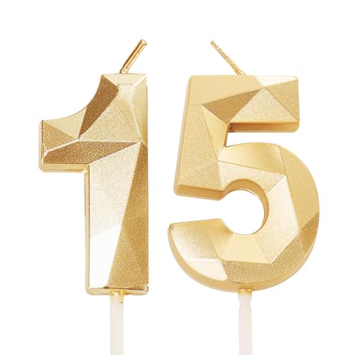 Geburtstagskerzen für Kuchen, Zahlenkerze Gold, Happy Birthday Kerzen, Geburtstagskerzen, Tortenaufsatz für Kinder, Jungen, Geburtstag, Hochzeit, Firma, Jahrestag, Kuchendekorationen (Gold, 15) von YAAVAAW