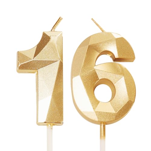 Geburtstagskerzen für Kuchen, Zahlenkerze Gold, Happy Birthday Kerzen, Geburtstagskerzen, Tortenaufsatz für Kinder, Jungen, Geburtstag, Hochzeit, Firma, Jahrestag, Kuchendekorationen (Gold, 16) von YAAVAAW