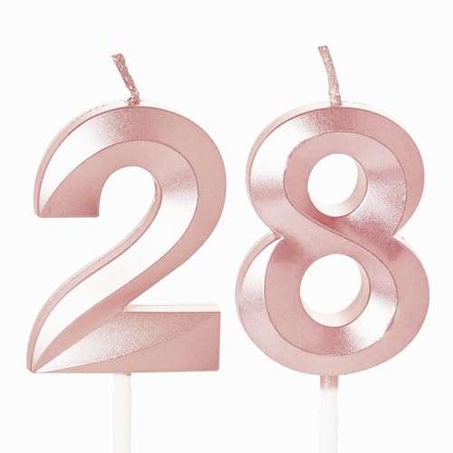 Geburtstagskerzen zum 28. Geburtstag, Zahl 28, Kerzen für Geburtstagskuchen, 28 Geburtstagskerzen für Kuchen, 28. Geburtstag, Tortenaufsätze für 28 Jahre, Roségold von YAAVAAW