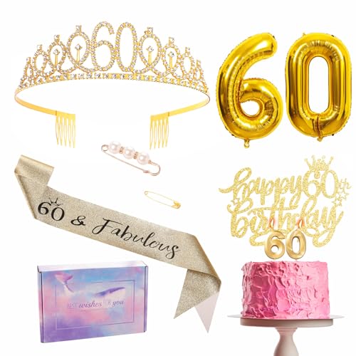 Goldene Dekoration zum 60. Geburtstag für Frauen. Partyband zum 60. Geburtstag. Krone. Dekorationen für Geburtstagskuchen. Nr. 60. Folienballons. Kerze. Geburtstagsgeschenk für sie und ihre Frau. Goldene Dekoration zum 60. Geburtstag für Frauen. Partyband zum 60. Geburtstag. Krone. Dekorationen für Geburtstagskuchen. Nr. 60. Folienballons. Kerze. Geburtstagsgeschenk für sie und ihre Frau. von YAAVAAW
