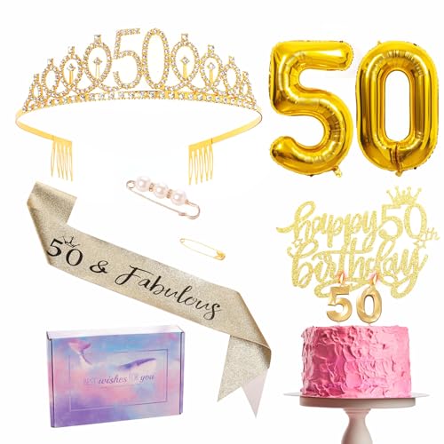 Goldene Dekorationen zum 50. Geburtstag für Damen, Partyband zum 50. Geburtstag, Krone, Geburtstagstortendekoration, Zahl 50, Folienballons, Kerzen, Geburtstagsgeschenke für Sie und Ihre Frau Goldene Dekorationen zum 50. Geburtstag für Damen, Partyband zum 50. Geburtstag, Krone, Geburtstagstortendekoration, Zahl 50, Folienballons, Kerzen, Geburtstagsgeschenke für Sie und Ihre Frau von YAAVAAW