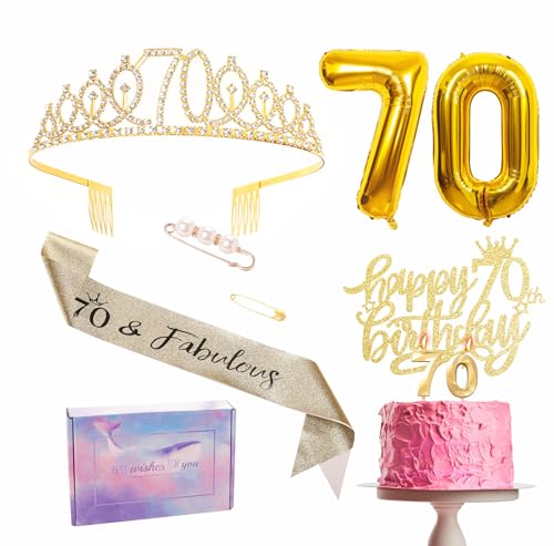 Goldene Dekorationen zum 70. Geburtstag für Frauen, Partybänder zum 70. Geburtstag, Kronen, Geburtstagstortendekorationen, Zahl 70, Folienballons, Kerzen, Geburtstagsgeschenke für Frauen von YAAVAAW