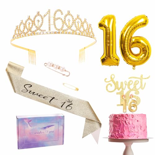 Goldene Geburtstagsdekoration zum 16. für Mädchen. Schärpe und Tiara-Set zum 16. Geburtstag. Schärpe für die Party zum 16. Geburtstag. Krone. Tortenaufsatz mit der Zahl 16. Folienballons und Kerzen. G Goldene Geburtstagsdekoration zum 16. für Mädchen. Schärpe und Tiara-Set zum 16. Geburtstag. Schärpe für die Party zum 16. Geburtstag. Krone. Tortenaufsatz mit der Zahl 16. Folienballons und Kerzen. G von YAAVAAW