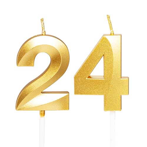 Goldene Kerzen zum 24. Geburtstag, Zahl 24 Kerzen für Geburtstagskuchen, 24 Geburtstagskerzen für Kuchen, 24. Geburtstag, Kuchendekoration für 24 Jahre, Mädchen, Ihn, Damen, Herren, Gold von YAAVAAW