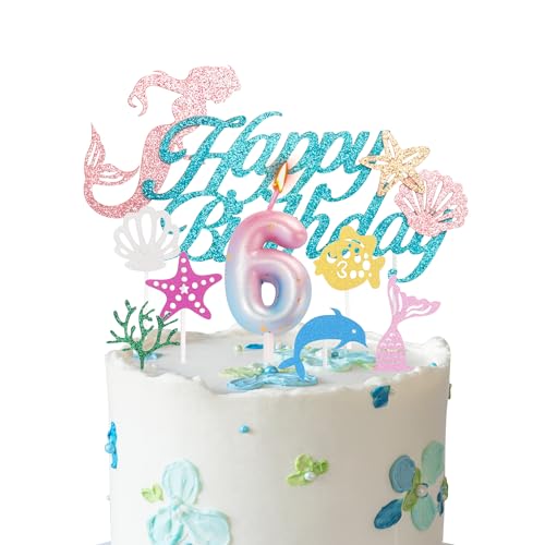 Meerjungfrau-Kuchenaufsätze, Kerze zum 6. Geburtstag, für Mädchengeburtstag, Farbverlauf, blau-rosa, Zahl 6, Kerze für Geburtstagskuchen, Meerjungfrauen-Thema, 6. Geburtstag, Party-Kuchenaufsätze, von YAAVAAW