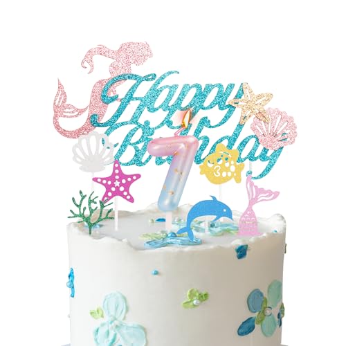 Meerjungfrau-Kuchenaufsätze, Kerze zum 7. Geburtstag, für Mädchengeburtstag, Farbverlauf, blau-rosa, Zahl 7, Kerze für Geburtstagskuchen, Meerjungfrauen-Thema, 7. Geburtstag, Party-Kuchenaufsätze, von YAAVAAW