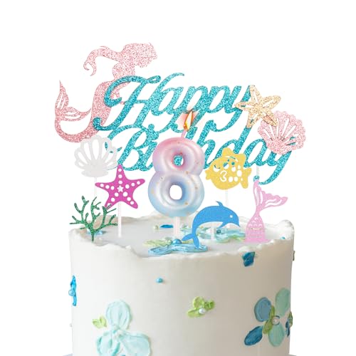 Meerjungfrau-Kuchenaufsätze, Kerze zum 8. Geburtstag, für Mädchengeburtstag, Farbverlauf, blau-rosa Zahl 8, Kerze für Geburtstagskuchen, Meerjungfrauen-Thema, 8. Geburtstag, Party-Kuchenaufsätze, von YAAVAAW