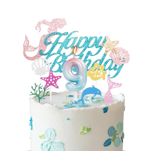 Meerjungfrau-Kuchenaufsätze, Kerze zum 9. Geburtstag, für Mädchengeburtstag, Farbverlauf, blau-rosa Zahl 9, Kerze für Geburtstagskuchen, Meerjungfrauen-Thema, 9. Geburtstag, Party-Kuchenaufsätze, von YAAVAAW