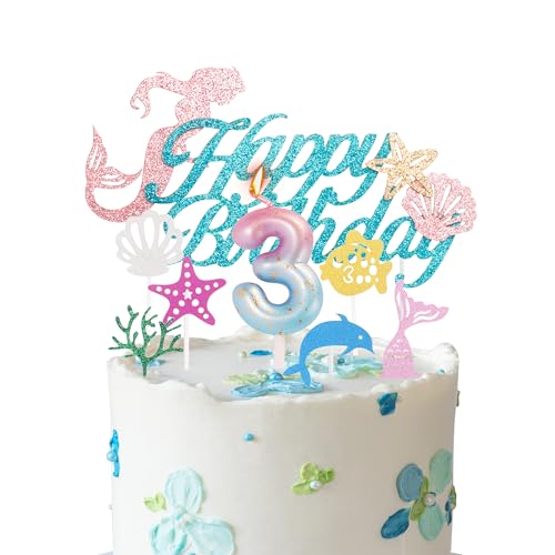Meerjungfrau-Kuchenaufsatz, Kerze zum 3. Geburtstag, für Mädchengeburtstag, Farbverlauf, blau-rosa, Zahl 3, Kerze für Geburtstagskuchen, Meerjungfrauen-Thema, 3. Geburtstag, Party-Kuchenaufsätze, von YAAVAAW