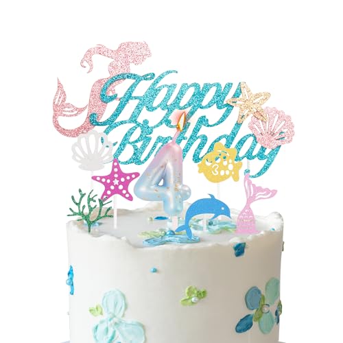 Meerjungfrau-Kuchenaufsatz, Kerze zum 4. Geburtstag, für Mädchengeburtstag, Farbverlauf, blau-rosa, Zahl 4, Kerze für Geburtstagskuchen, Meerjungfrauen-Thema, 4. Geburtstag, Party-Kuchenaufsätze, von YAAVAAW