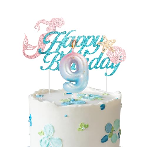 Meerjungfrau-Kuchenaufsatz, Kerze zum 9. Geburtstag, für Mädchengeburtstag, Farbverlauf, blau-rosa, Zahl 9, Kerze für Geburtstagskuchen und Meerjungfrauen-Thema, 9. Geburtstag, Party, von YAAVAAW