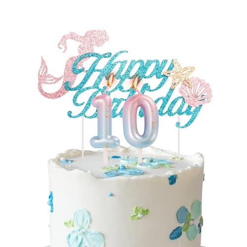 Meerjungfrau-Kuchenaufsatz zum 10. Geburtstag, Kerzen für Mädchengeburtstag, Farbverlauf, blau-rosa, Zahl 10, Kerzen für Geburtstagskuchen und Meerjungfrauen-Thema, 10. Geburtstag, von YAAVAAW