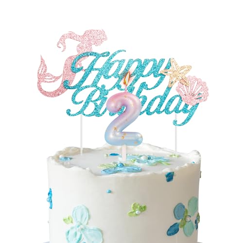 Meerjungfrau-Kuchenaufsatz zum 2. Geburtstag, Kerze für Mädchengeburtstag – Farbverlauf, blau-rosa, Zahl 2, Kerze für Geburtstagskuchen und Meerjungfrauen-Thema, 2. Geburtstag, Party, von YAAVAAW