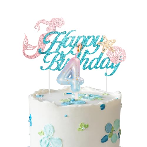 Meerjungfrau-Kuchenaufsatz zum 4. Geburtstag, Kerze für Mädchen zum Geburtstag – Farbverlauf, blau-rosa Kerze für Geburtstagskuchen und Meerjungfrauen-Thema, 4. Geburtstag, Party-Kuchenaufsatz, von YAAVAAW