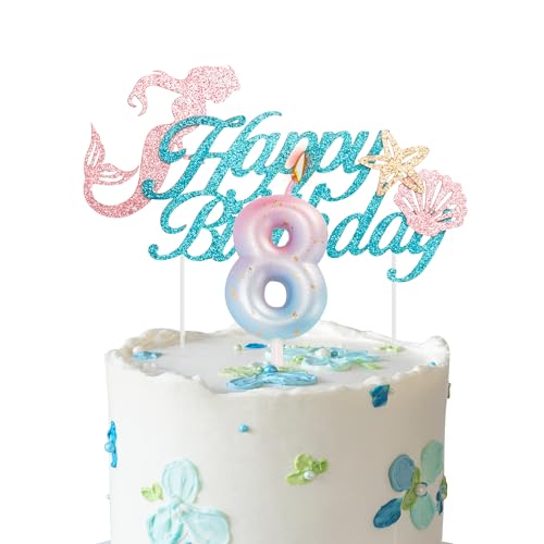 Meerjungfrau-Kuchenaufsatz zum 8. Geburtstag, Kerze für Mädchen, Farbverlauf, blau-rosa Zahl 8, Kerze für Geburtstagskuchen und Meerjungfrauen-Thema, 8. Geburtstag, Party-Kuchenaufsatz, Dekorationen von YAAVAAW