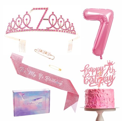 Rosa 7 Geburtstag Dekorationen Mädchen Schärpe Tiara Kuchen Topper Ballon Kerze Geschenke von YAAVAAW
