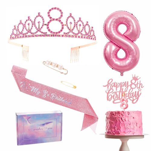 Rosa 8. Geburtstag Dekorationen für Mädchen 8. Geburtstag Schärpe Tiara Set 8. Geburtstag Party Pack Schärpe Krone 8. Geburtstag Kuchen Topper Nummer 8 Folienballon Kerze, 8. Geburtstag Geschenke für von YAAVAAW