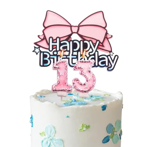 Rosa Schleife Happy 13th Birthday Cake Topper Geburtstagskerzen Rosa Zahl 13 Kerzen für Geburtstagskuchen – Personalisierte Mädchen Alter 13 Kuchen Topper & Kerzen, 13. Geburtstag Kuchendekorationen von YAAVAAW