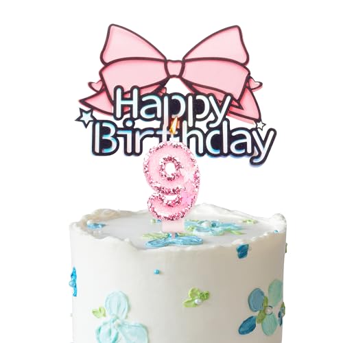 Rosa Schleife Happy 9th Birthday Cake Topper Geburtstagskerze rosa Zahl 9 Kerze für Geburtstagskuchen – personalisierbar Mädchen Alter 9 Kuchen Topper & Kerze, 9. Geburtstag Kuchendekorationen für von YAAVAAW