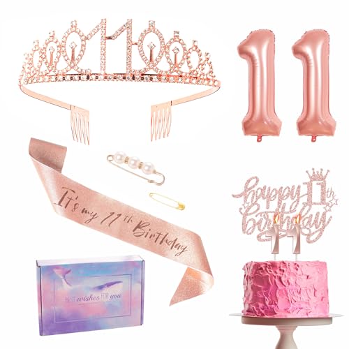 Roségoldene Dekoration zum 11. Geburtstag für Mädchen. Krone. Geburtstagskuchen. Nr. 11. Folienballons. Kerze. Dies war ein Geschenk zu ihrem elften Geburtstag. von YAAVAAW