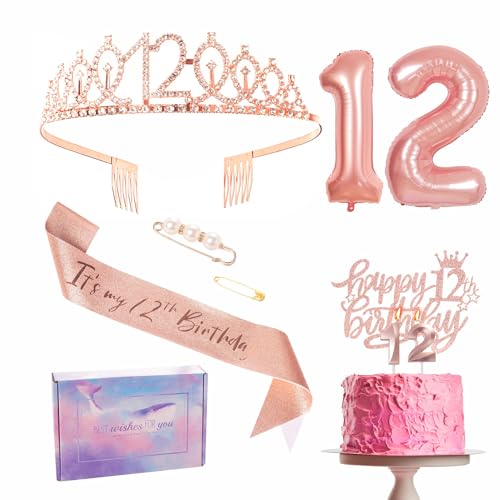 Roségoldene Dekoration zum 12. Geburtstag für Mädchen. Geburtstagsparty-Band. Krone. Dekorationen für Geburtstagskuchen. Nr. 12. Folienballons. Kerze. Ein Geschenk zu ihrem 12. Geburtstag. von YAAVAAW