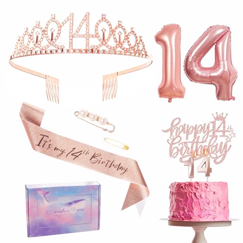 Roségoldene Dekoration zum 14. Geburtstag für Mädchen. Geburtstagsparty-Band. Krone. Geburtstagskuchen. Nummer 14. Folienballons. Kerze. Ein Geschenk zu ihrem 14. Geburtstag. Roségoldene Dekoration zum 14. Geburtstag für Mädchen. Geburtstagsparty-Band. Krone. Geburtstagskuchen. Nummer 14. Folienballons. Kerze. Ein Geschenk zu ihrem 14. Geburtstag. von YAAVAAW