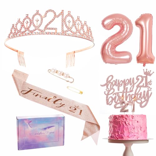 Roségoldene Dekoration zum 21. Geburtstag, Schärpe für die Geburtstagsparty, Krone, Geburtstagstorte, Zahl 21, Folienballons, Kerzen, Geschenk zum 21. Geburtstag für die Tochter von YAAVAAW