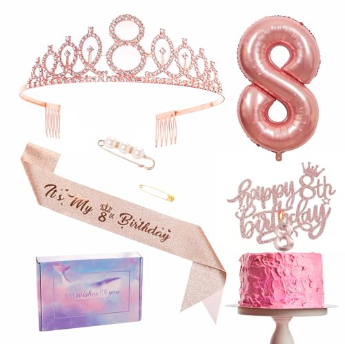 Roségoldene Dekoration zum 8. Geburtstag für Mädchen. Partyband und Krone. Geburtstagstorten Dekoration. Nummer 8. Folienballonkerzen. Geschenk zum achten Geburtstag eines Mädchens Roségoldene Dekoration zum 8. Geburtstag für Mädchen. Partyband und Krone. Geburtstagstorten Dekoration. Nummer 8. Folienballonkerzen. Geschenk zum achten Geburtstag eines Mädchens von YAAVAAW