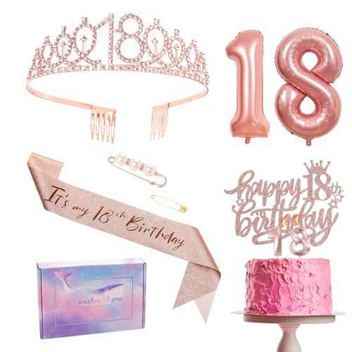Roségoldene Dekorationen zum 18. Geburtstag für Mädchen, Geburtstagsparty-Bänder, Kronen, Geburtstagskuchen, Zahl 18, Folienballons, Kerzen, Geschenke zum 18. Geburtstag für Mädchen und Sie von YAAVAAW