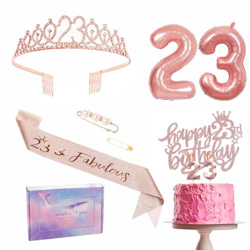 Roségoldene Dekorationen zum 23. Geburtstag, Geburtstagspartyband, Krone, Geburtstagstorte, Zahl 23, Folienballons, Kerzen, Geschenke zum 23. Geburtstag für Sie und Frauen von YAAVAAW
