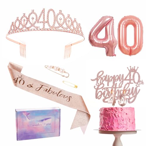 Roségoldene Dekorationen zum 40. Geburtstag für Frauen, Tiara-Set, Partyband, Krone, Geburtstagstortendekorationen, Zahl 40, Folienballons, Kerzen, Geschenke zum 40. Geburtstag für sie und ihre Frau Roségoldene Dekorationen zum 40. Geburtstag für Frauen, Tiara-Set, Partyband, Krone, Geburtstagstortendekorationen, Zahl 40, Folienballons, Kerzen, Geschenke zum 40. Geburtstag für sie und ihre Frau von YAAVAAW
