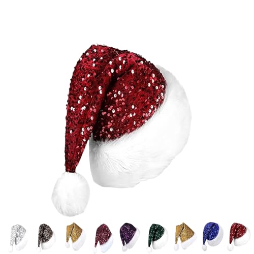 Rote Pailletten-Weihnachtsmütze für Kinder, Erwachsene, 30 x 45 cm, luxuriöse Weihnachtsmütze, Plüsch-Weihnachtsmannmütze, Unisex, Weihnachtsmannmütze, Weihnachtsmannmütze, Kostüm, Geschenke für von YAAVAAW