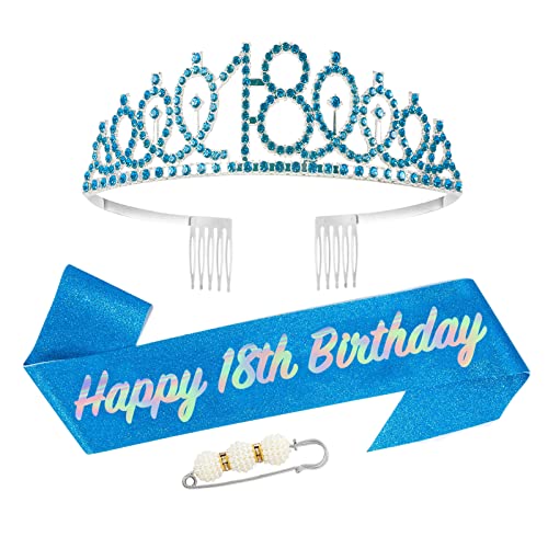 Schärpe und Tiara zum 18. Geburtstag für Mädchen, blaues Kronen-Kostüm-Set zum 18. Geburtstag, mit Strass-Geburtstagskrone und Schultergurt für den 18. Geburtstag, Dekoration, Party-Zubehör von YAAVAAW