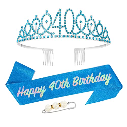 Schärpe und Tiara zum 40. Geburtstag, blaue Krone zum 40. Geburtstag, Kostüm-Set für 40. Geburtstag, Strass-Geburtstagskrone und Schultergurt für sie 40. Geburtstag, Dekoration, Party-Zubehör von YAAVAAW