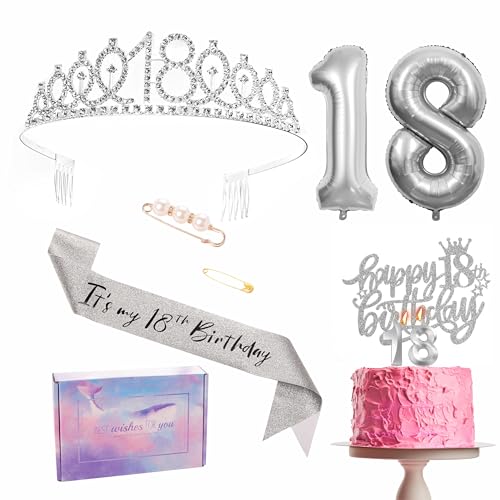 Silberne Dekoration zum 18. Geburtstag für Mädchen, Tiara-Set, Geburtstagsparty-Band, Krone, Geburtstagstorte, Zahl 18, Folienballons, Kerzen, Geschenke zum 18. Geburtstag für Mädchen und sie Silberne Dekoration zum 18. Geburtstag für Mädchen, Tiara-Set, Geburtstagsparty-Band, Krone, Geburtstagstorte, Zahl 18, Folienballons, Kerzen, Geschenke zum 18. Geburtstag für Mädchen und sie von YAAVAAW
