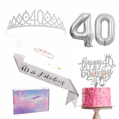 Silberne Dekoration zum 40. Geburtstag für Frauen. Band- und Tiara-Set, Partyband, Krone, Geburtstagstortendekoration, Zahl 40, Folienballon, Kerze, Geschenk zum 40. Geburtstag für Sie und Ihn von YAAVAAW