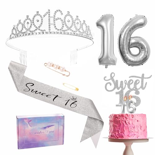 Silberne Dekorationen zum 16. Geburtstag für Mädchen. Kopfschmuck-Set. Geburtstagsparty-Band. Krone. Geburtstagskuchen. Nummer 16. Folienballons. Kerze. Geschenk zum 16. Geburtstag für Mädchen Silberne Dekorationen zum 16. Geburtstag für Mädchen. Kopfschmuck-Set. Geburtstagsparty-Band. Krone. Geburtstagskuchen. Nummer 16. Folienballons. Kerze. Geschenk zum 16. Geburtstag für Mädchen von YAAVAAW
