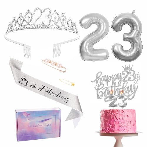 Silberne Dekorationen zum 23. Geburtstag für sie, Band- und Tiara-Set, Partyband, Krone, Geburtstagstorte, Zahl 23, Folienballons, Kerzen, Geschenke zum 23. Geburtstag für sie und Frauen von YAAVAAW