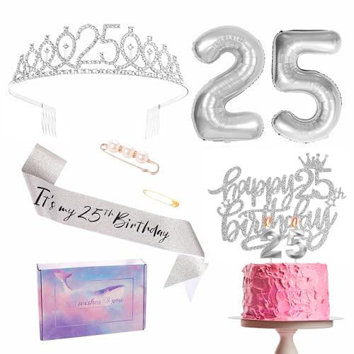 Silberne Dekorationen zum 25. Geburtstag für sie, Band- und Tiara-Set, Partyband, Krone, Geburtstagstorte, Zahl 25, Folienballons, Kerzen, Geschenke zum 25. Geburtstag für sie und Frauen von YAAVAAW