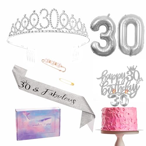 Silberne Dekorationen zum 30. Geburtstag für Frauen, Tiara-Set, Partyband, Krone, Geburtstagstorte-Dekoration, Zahl 30, Folienballons, Kerzen, Geschenke zum 30. Geburtstag für Frauen und Mädchen von YAAVAAW